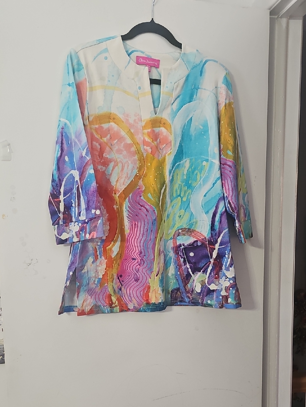 Claire Desjardin Abstract Watercolor Tunic - Blue Pink Gold